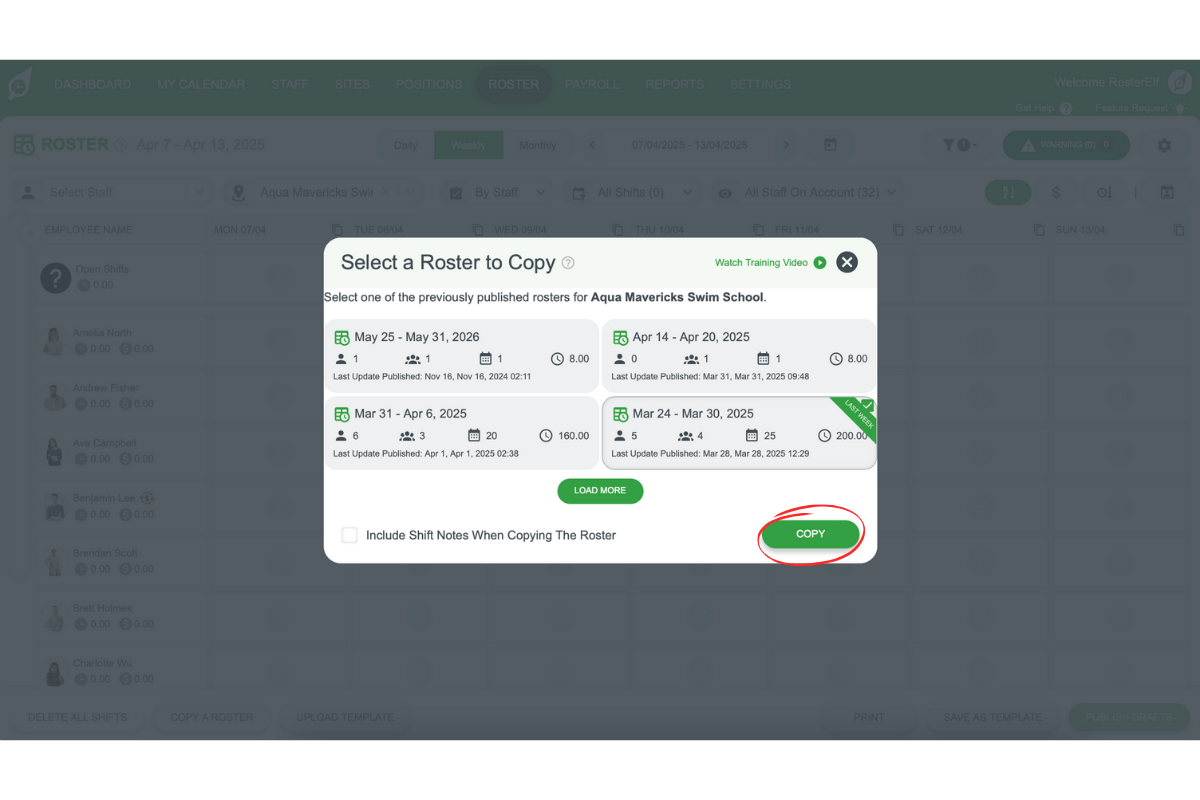 Screenshot of the confirmation step in RosterElf’s Copy a Roster modal