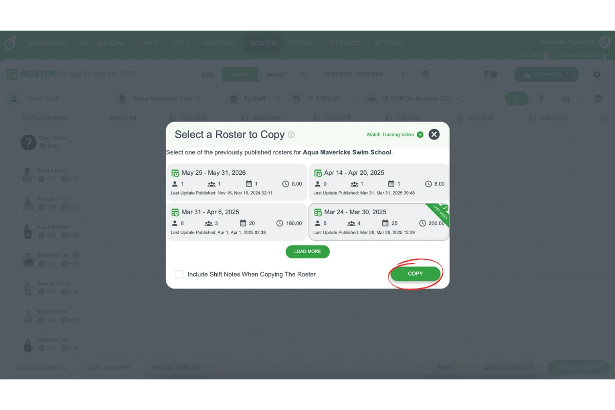 Screenshot of the confirmation step in RosterElf’s Copy a Roster modal