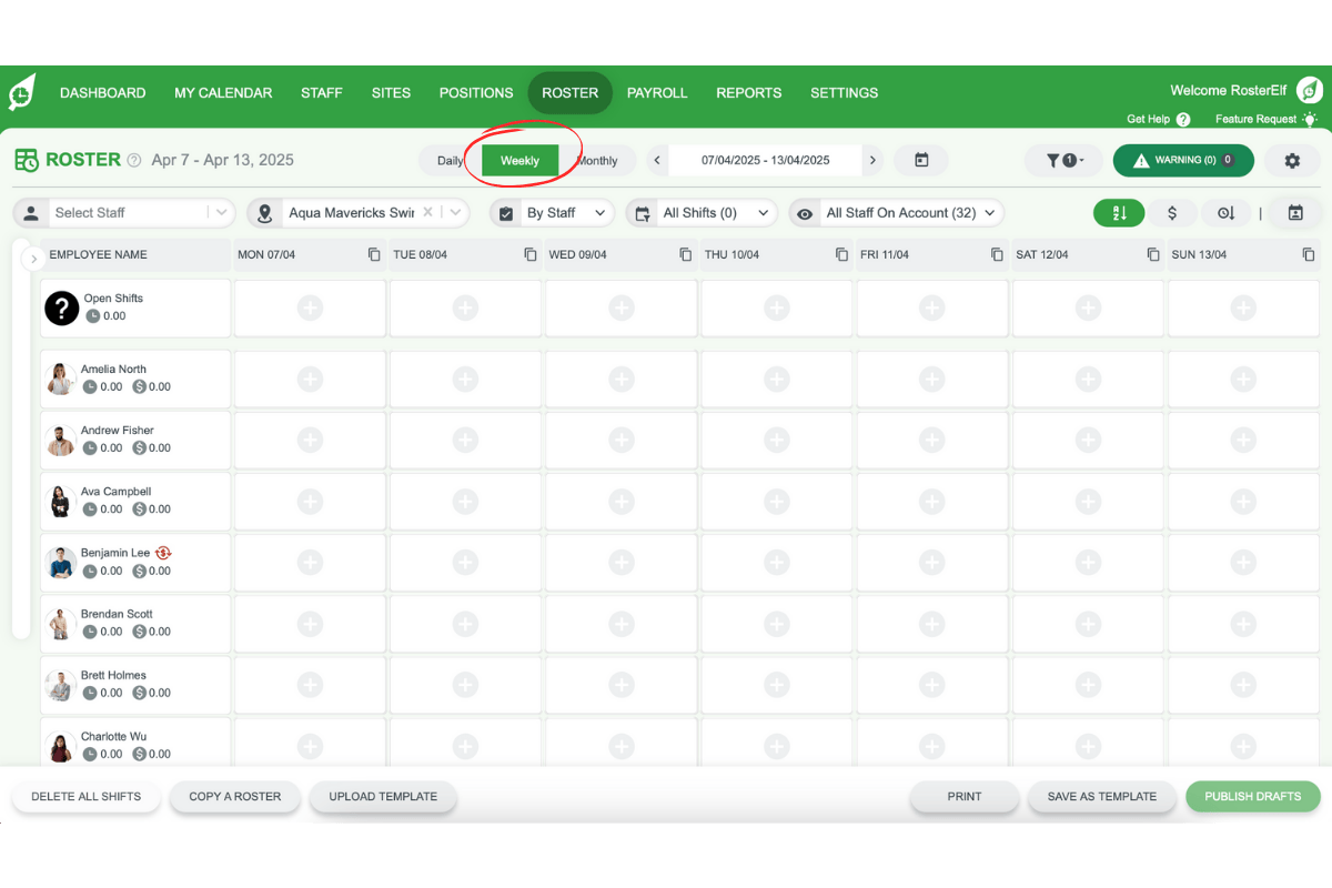 Screenshot showing the weekly view of the roster