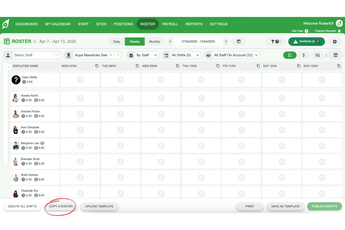 Screenshot displaying the Copy a Roster button in RosterElf