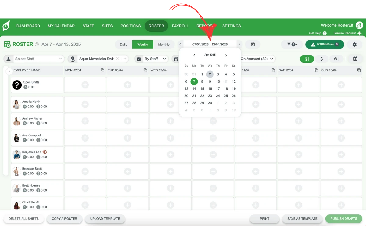 Screenshot illustrating the date picker tool in RosterElf