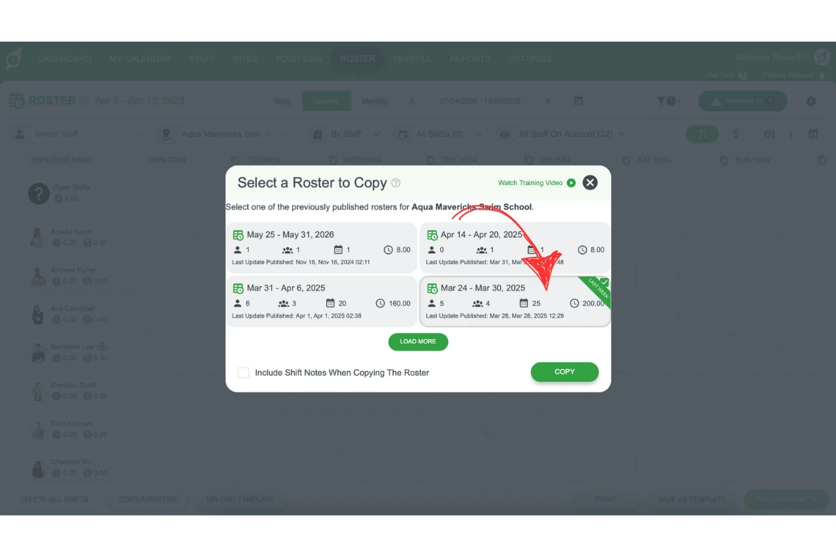 Screenshot of the Copy a Roster modal in RosterElf