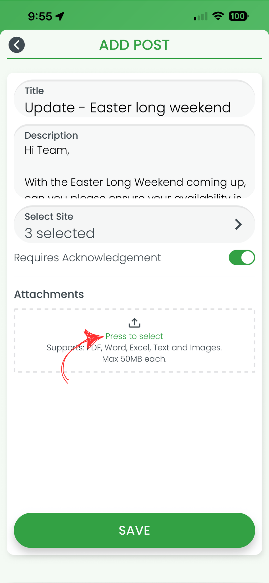 RosterElf Add Post screen on smartphone with a red arrow pointing to the Press to select button in the Attachments section