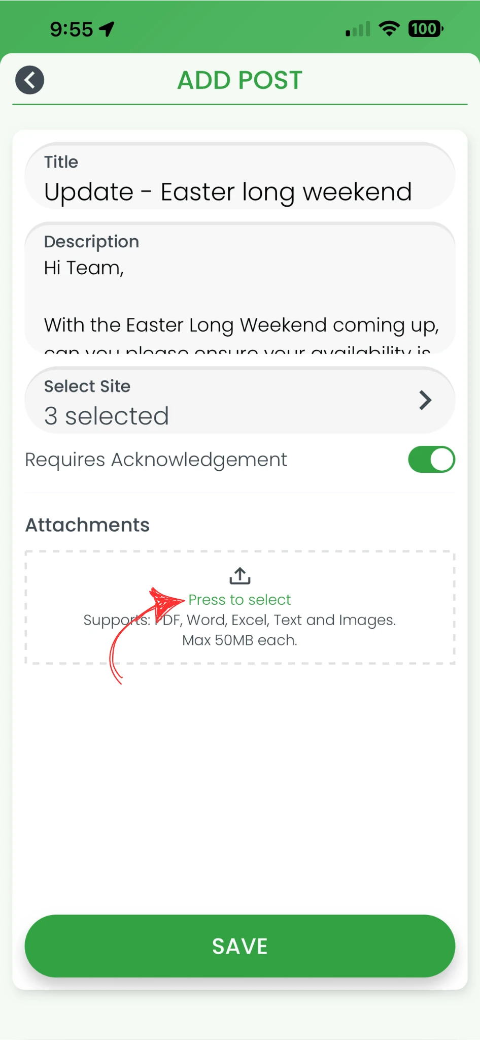 RosterElf Add Post screen on smartphone with a red arrow pointing to the Press to select button in the Attachments section