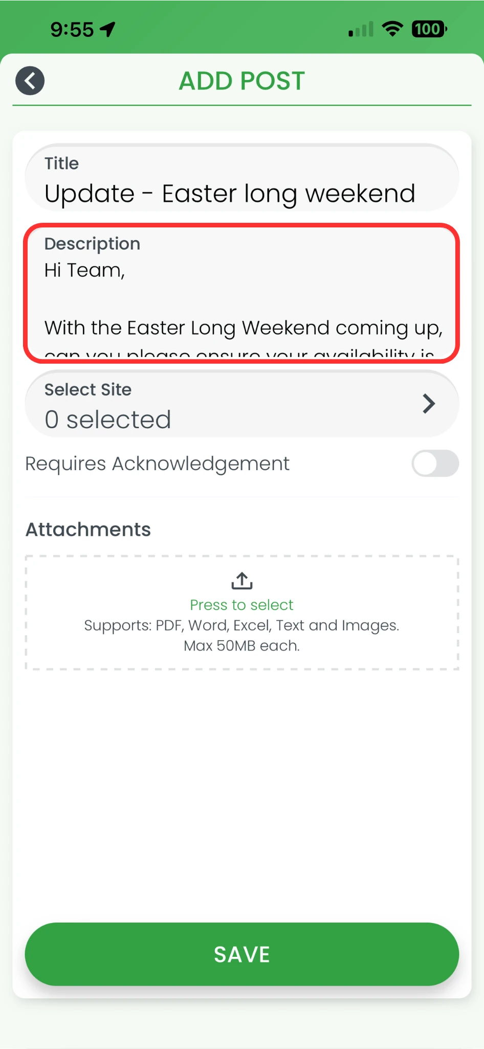 RosterElf Add Post screen on smartphone with the Description field highlighted in red showing example body text entered