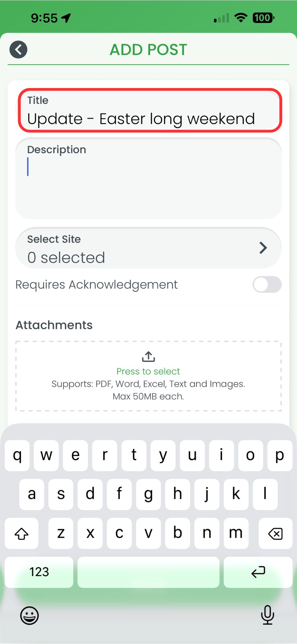 RosterElf Add Post screen on smartphone with the Title field highlighted in red showing an example title entered