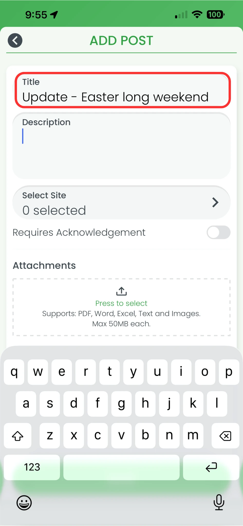 RosterElf Add Post screen on smartphone with the Title field highlighted in red showing an example title entered