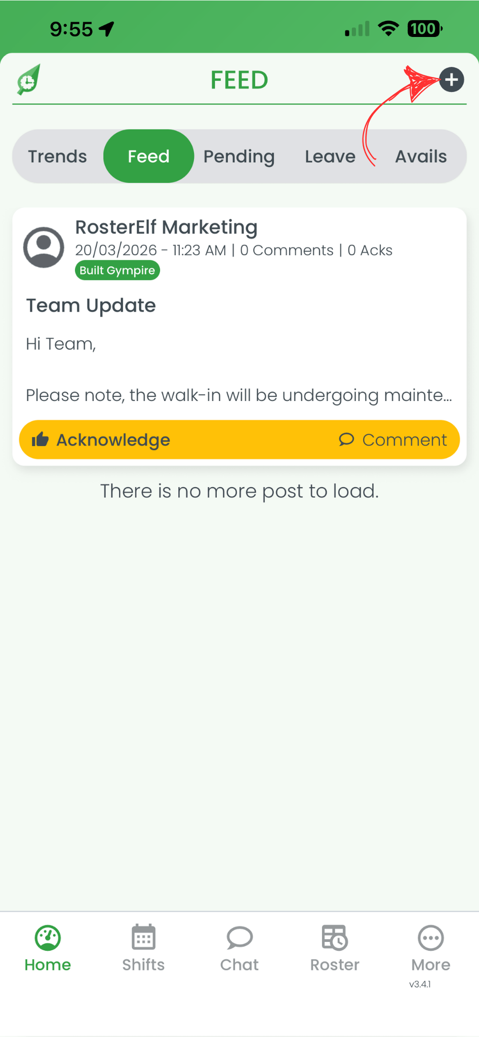 RosterElf smartphone app Feed screen showing existing posts with a red arrow pointing to the plus symbol in the top right corner
