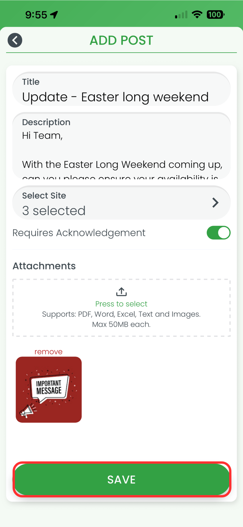 RosterElf Add Post screen on smartphone showing a completed post with an attachment added and the Save button highlighted in red at the bottom
