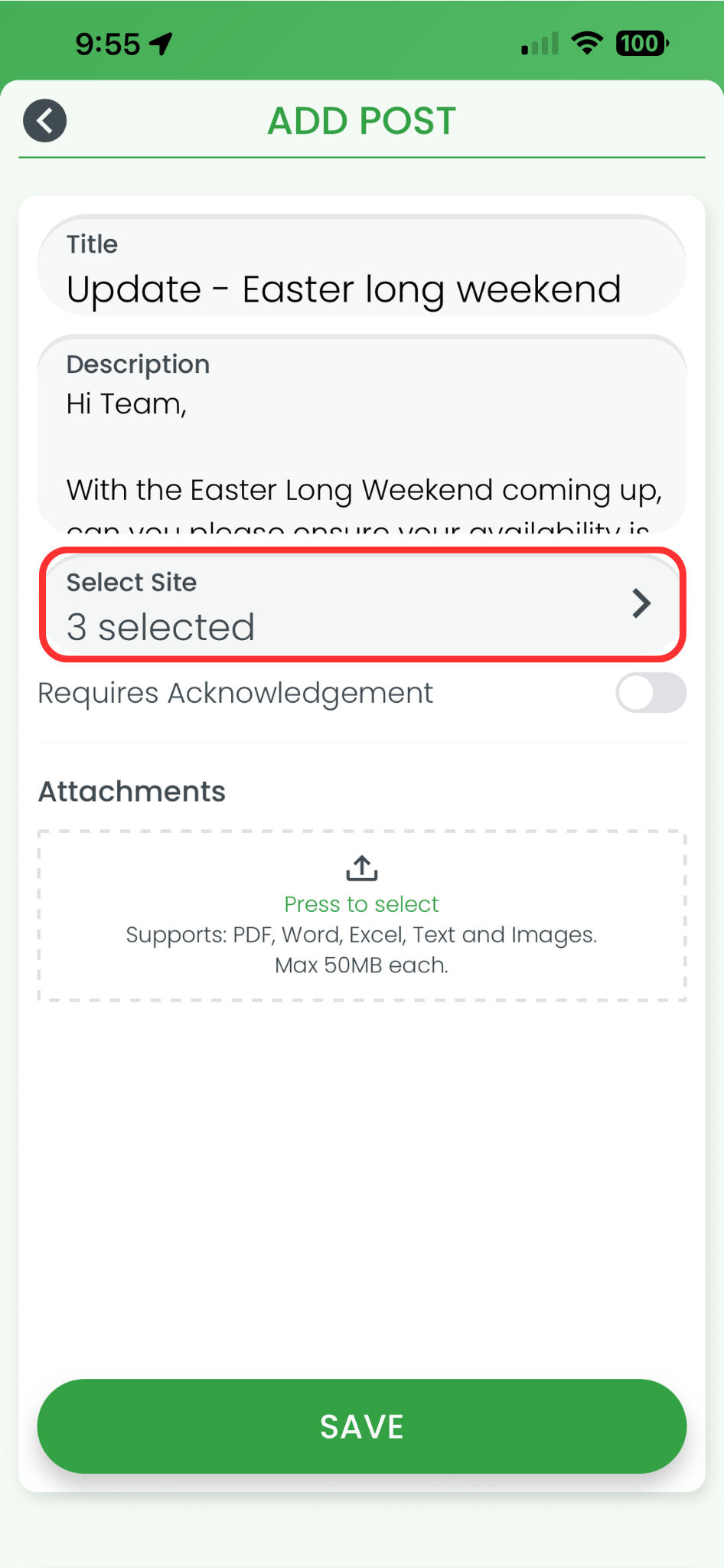 RosterElf Add Post screen on smartphone with the Select Site field highlighted in red showing 3 sites selected
