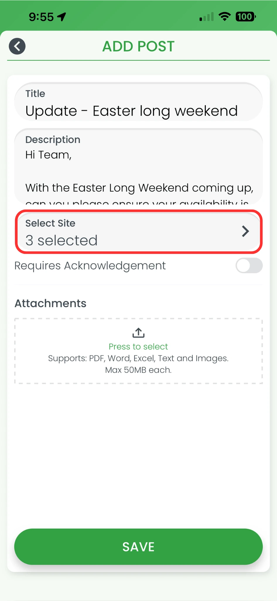 RosterElf Add Post screen on smartphone with the Select Site field highlighted in red showing 3 sites selected