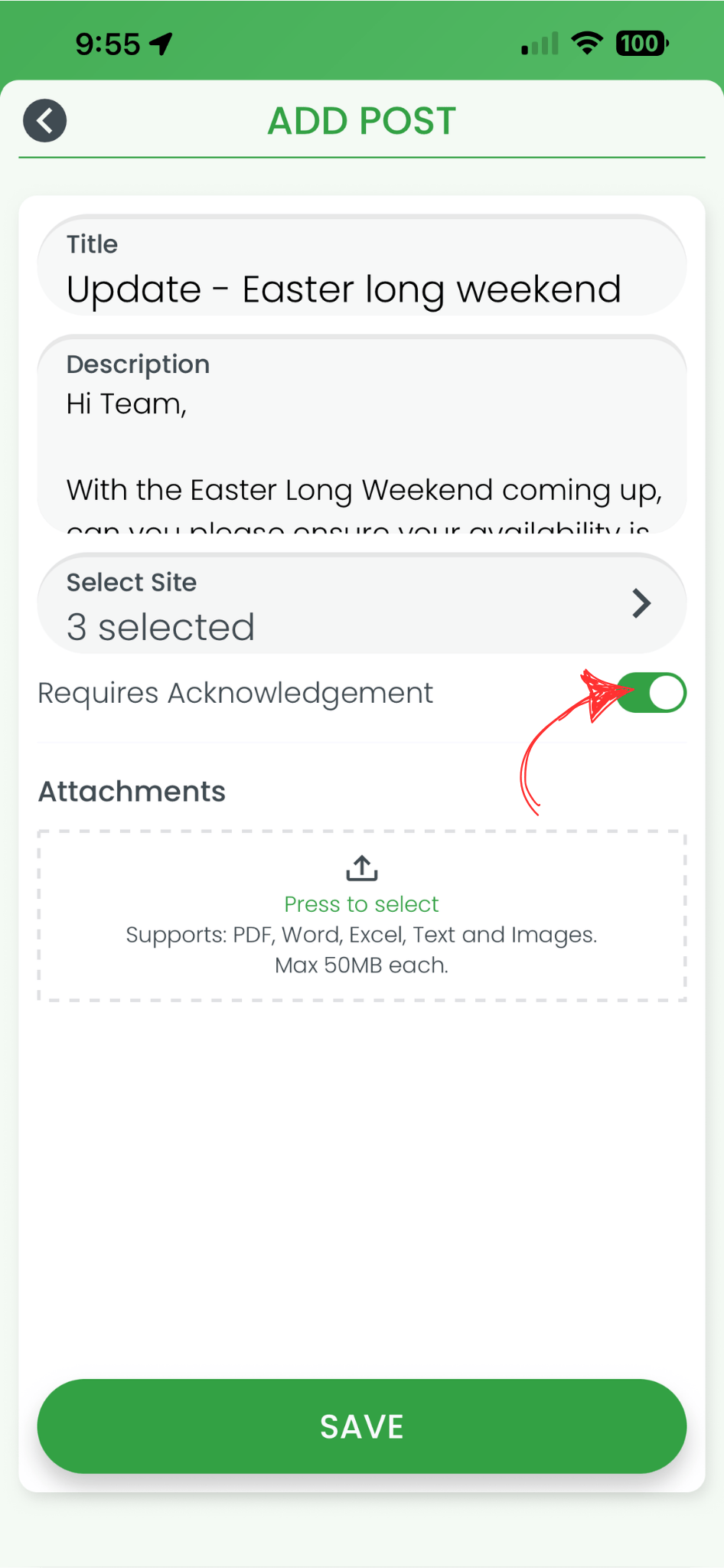 RosterElf Add Post screen on smartphone with the Requires Acknowledgement toggle switched on and highlighted with a red arrow