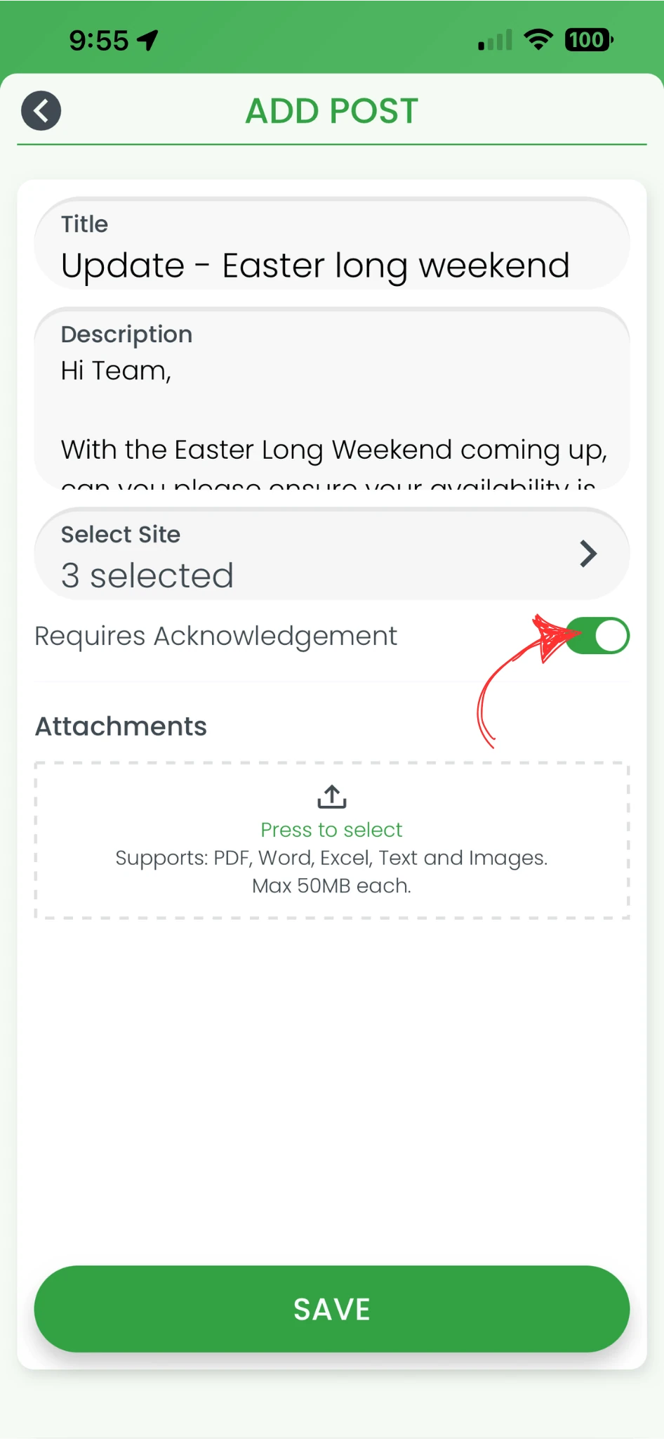 RosterElf Add Post screen on smartphone with the Requires Acknowledgement toggle switched on and highlighted with a red arrow