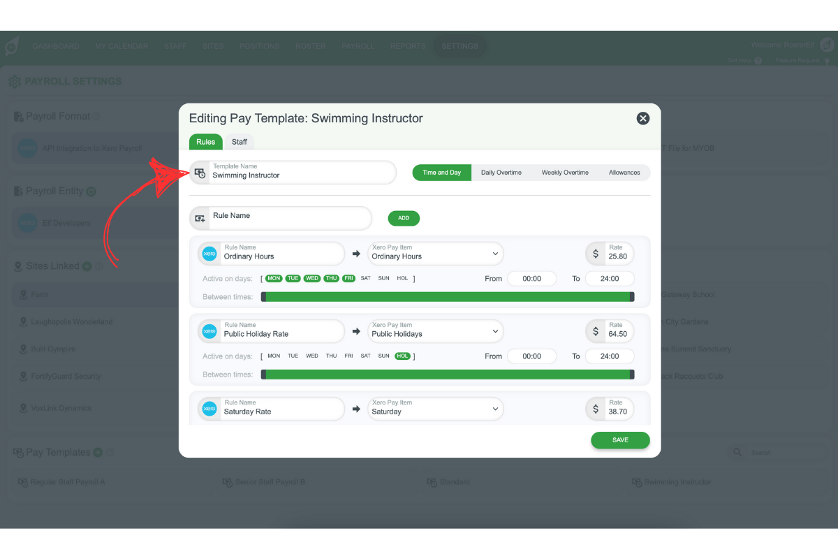 Screenshot showing the Pay Template Name field in RosterElf