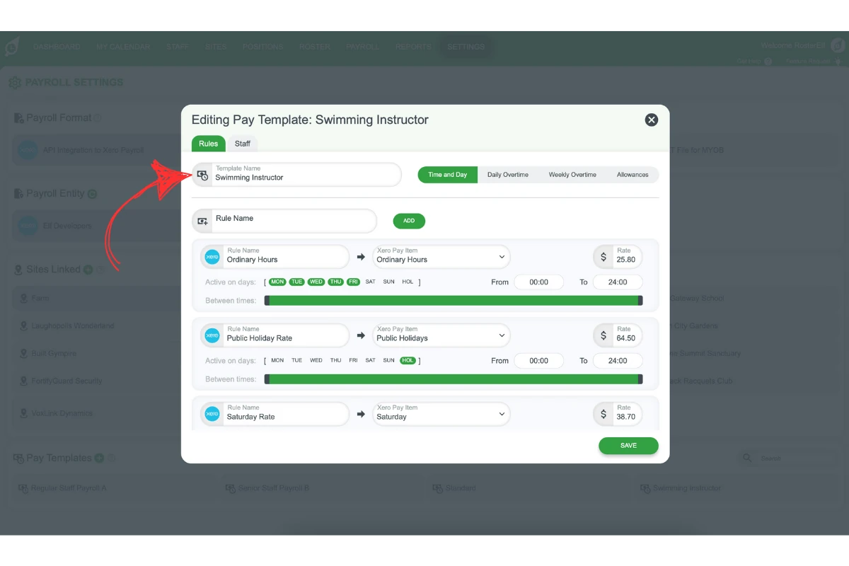 Screenshot showing the Pay Template Name field in RosterElf