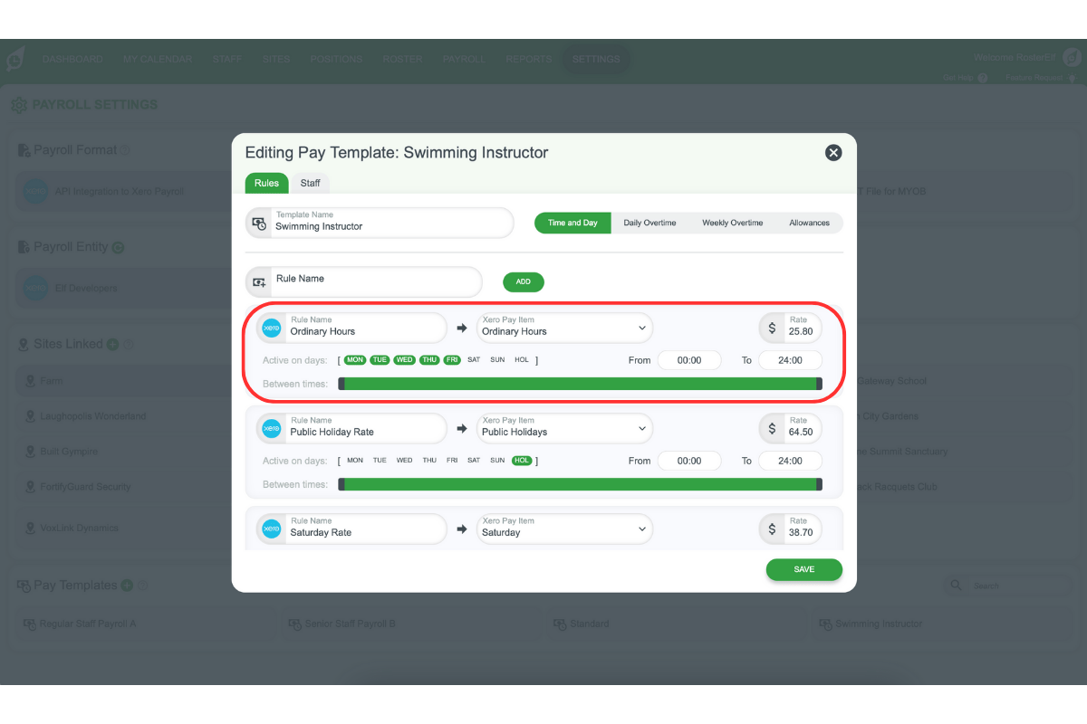 Screenshot showing a pay rule for Monday to Friday hours