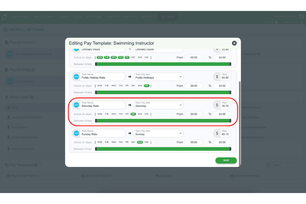 Screenshot showing a pay rule for Saturday hours in RosterElf