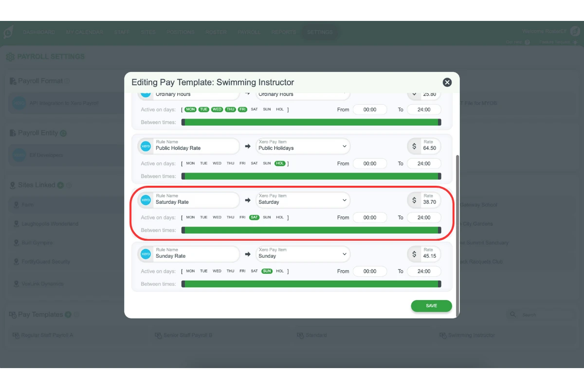 Screenshot showing a pay rule for Saturday hours in RosterElf