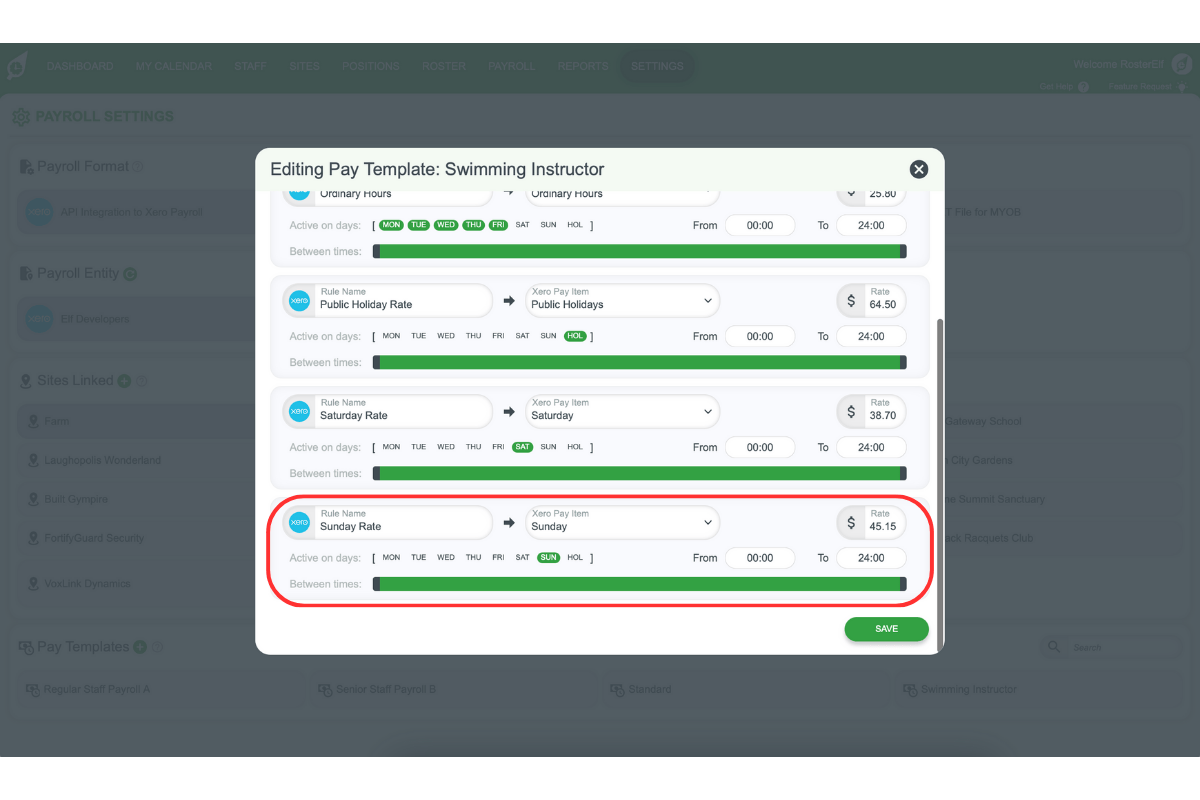 Screenshot displaying a pay rule for Sunday hours