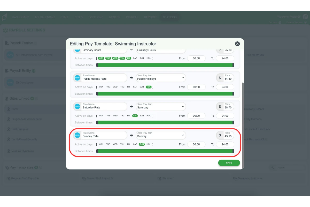 Screenshot displaying a pay rule for Sunday hours
