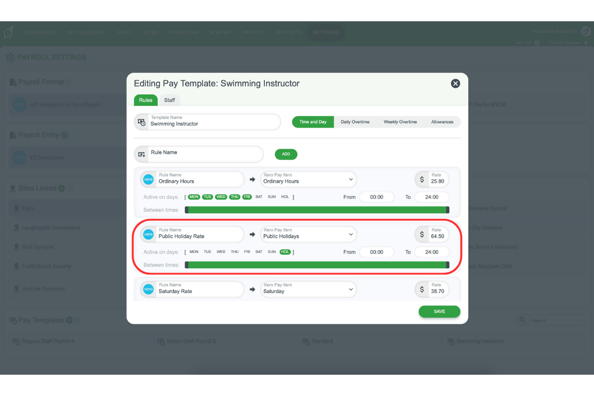 Screenshot showing a pay rule for public holidays in RosterElf