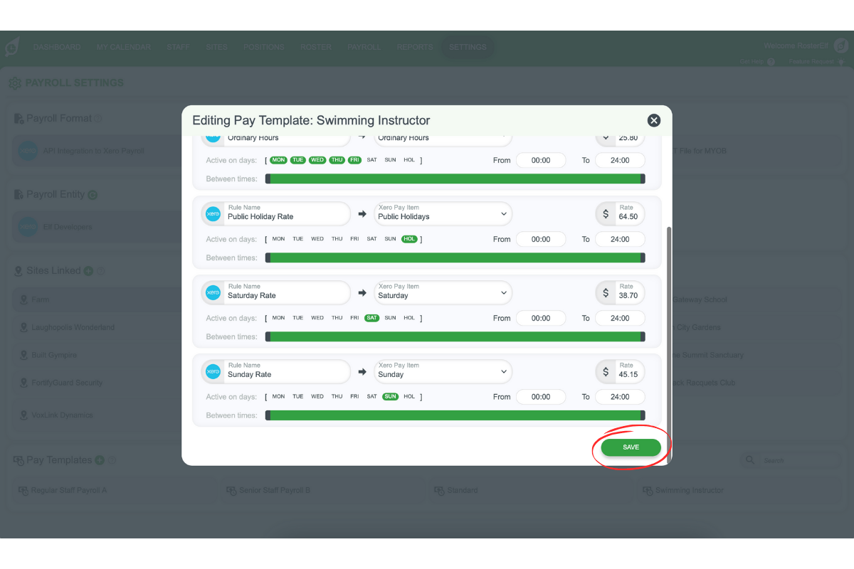 Screenshot of the Save button for a pay template in RosterElf