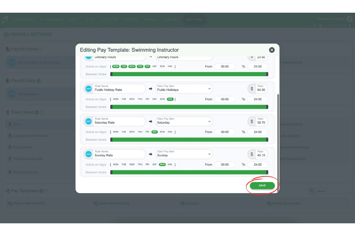 Screenshot of the Save button for a pay template in RosterElf
