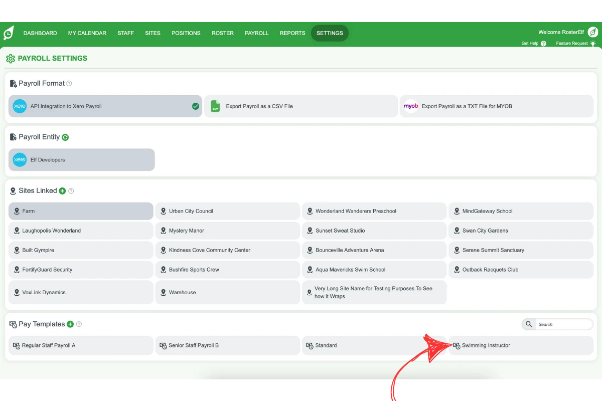 Screenshot showing the final list of Pay Templates in RosterElf