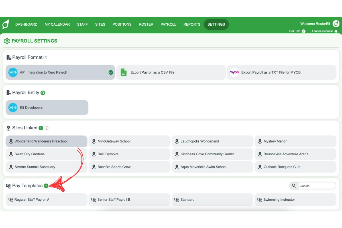 Screenshot highlighting the plus icon to add a new pay template