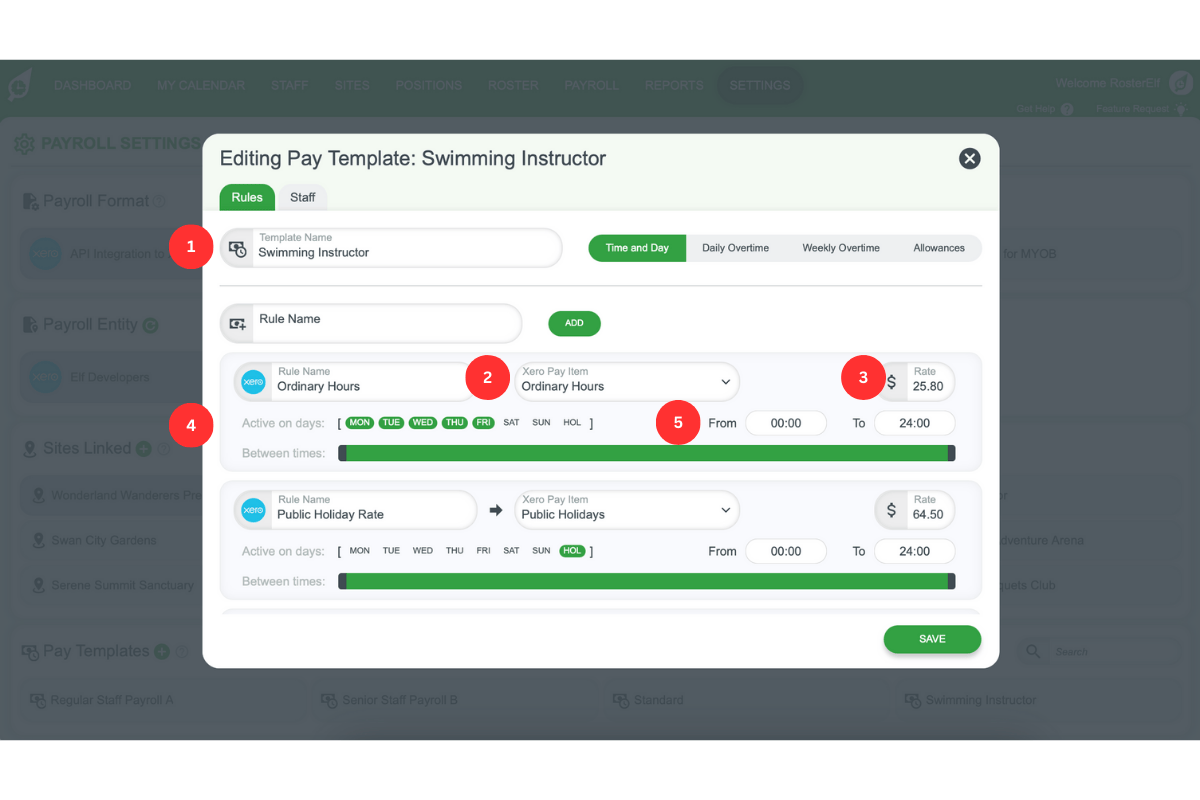 Screenshot of the Pay Template Rule fields in RosterElf