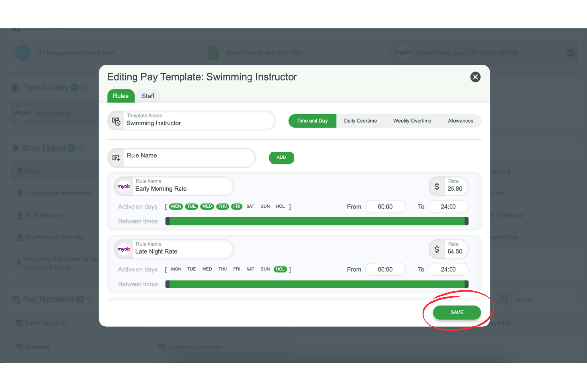 Saving rules in a RosterElf pay template