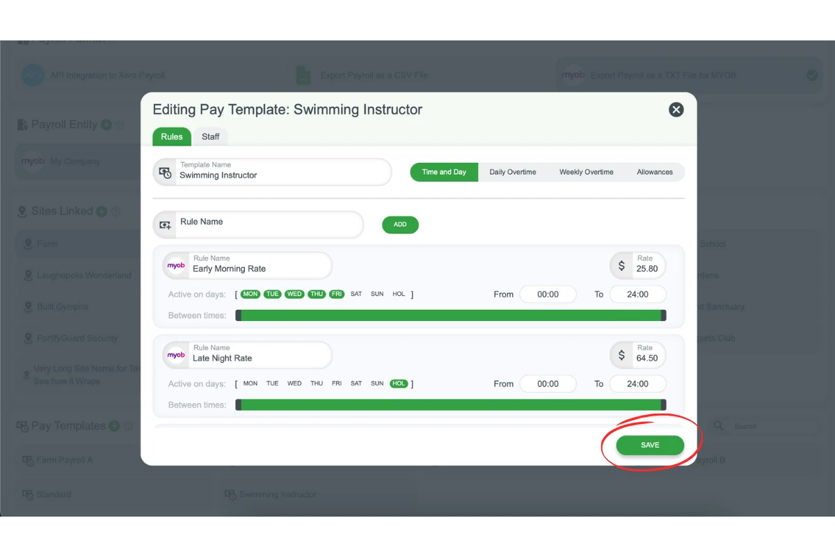 Saving rules in a RosterElf pay template