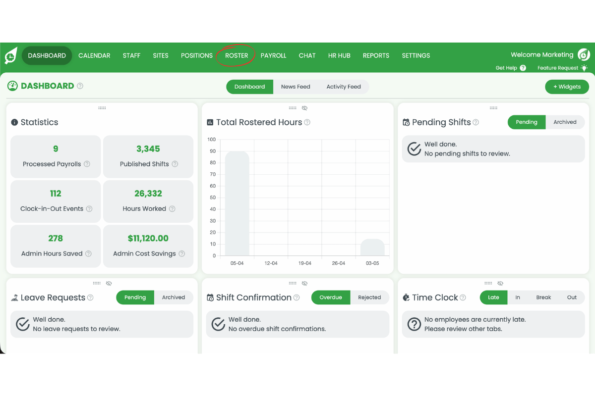 Screenshot of the RosterElf dashboard with the Roster menu item highlighted in the top navigation