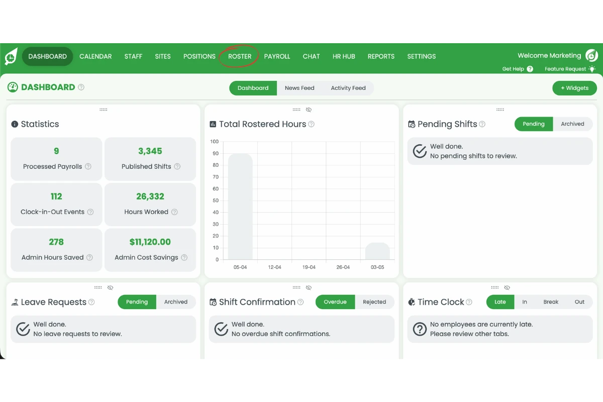 Screenshot of the RosterElf dashboard with the Roster menu item highlighted in the top navigation