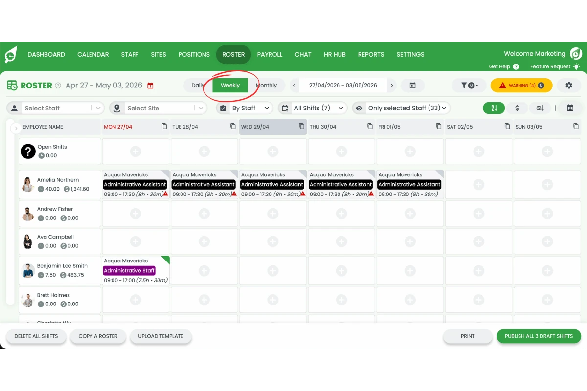 Screenshot of the roster with the Weekly view button circled in the view toggle