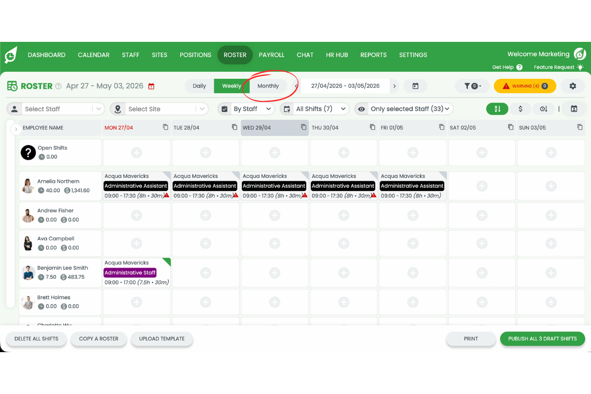 Screenshot of the roster with the Monthly view button circled in the view toggle