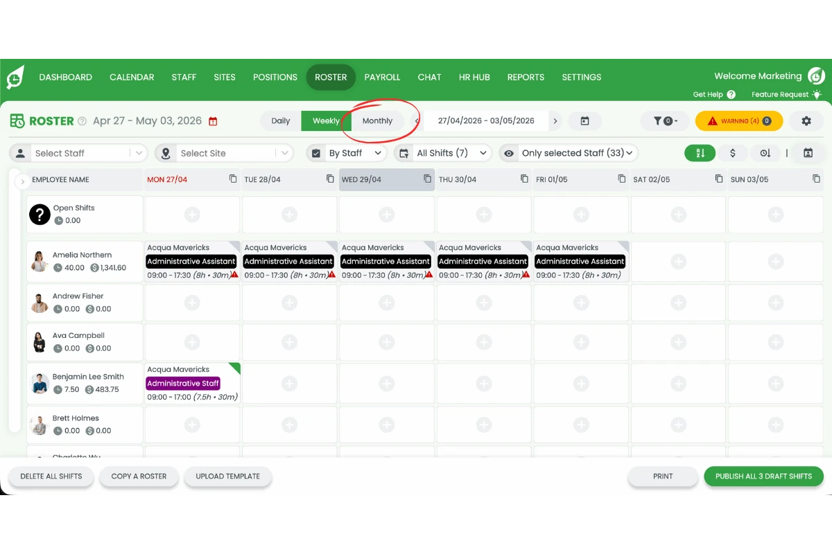 Screenshot of the roster with the Monthly view button circled in the view toggle
