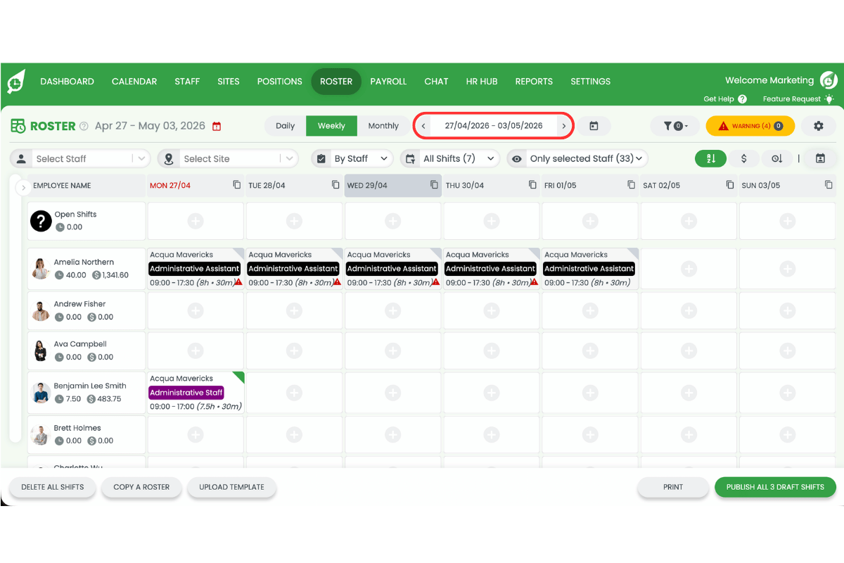 Screenshot of the weekly roster with the date range selector highlighted