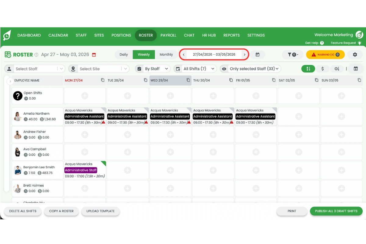 Screenshot of the weekly roster with the date range selector highlighted