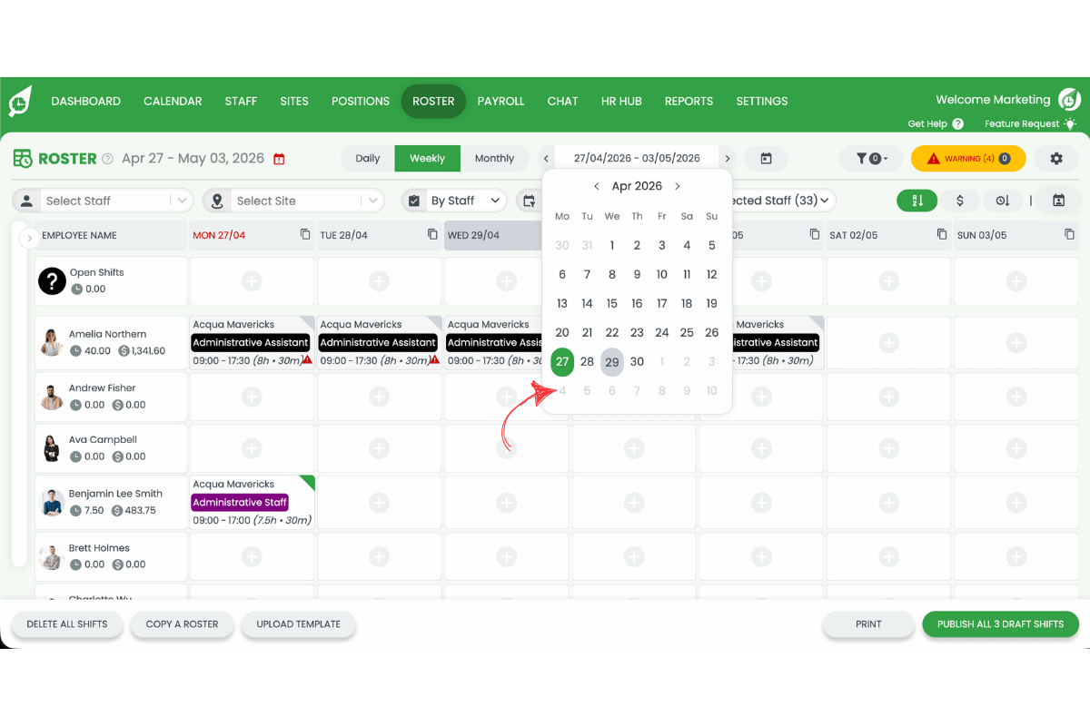 Screenshot of the date picker calendar open on the weekly roster view with a date being selected