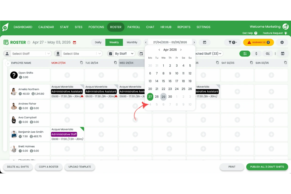 Screenshot of the date picker calendar open on the weekly roster view with a date being selected