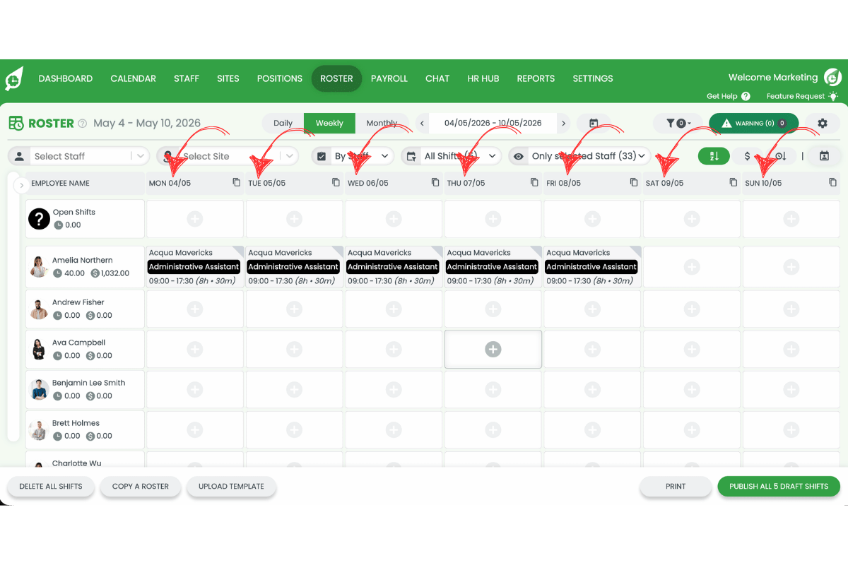 Screenshot of the weekly roster showing a new 7-day period starting from the custom date selected