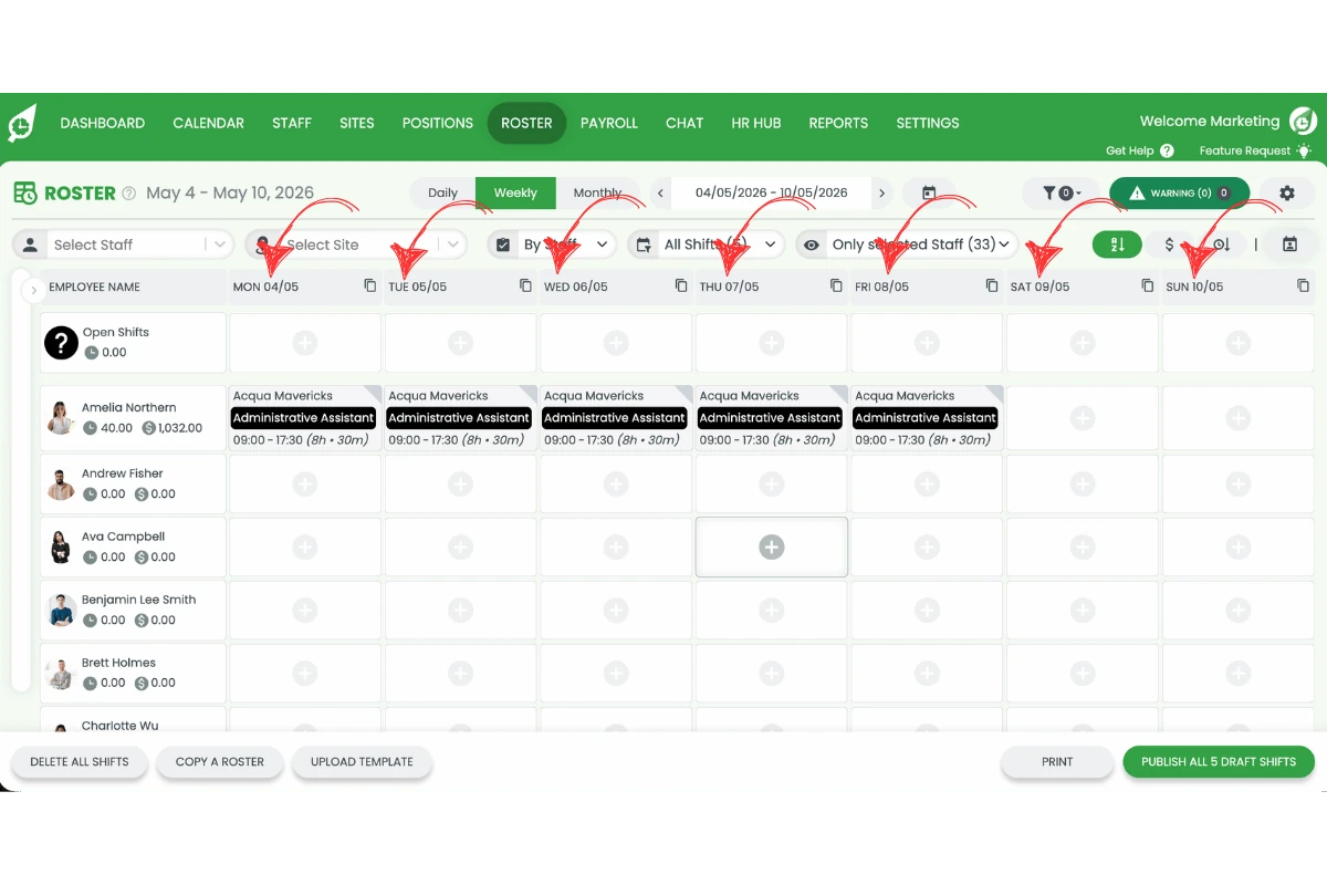 Screenshot of the weekly roster showing a new 7-day period starting from the custom date selected