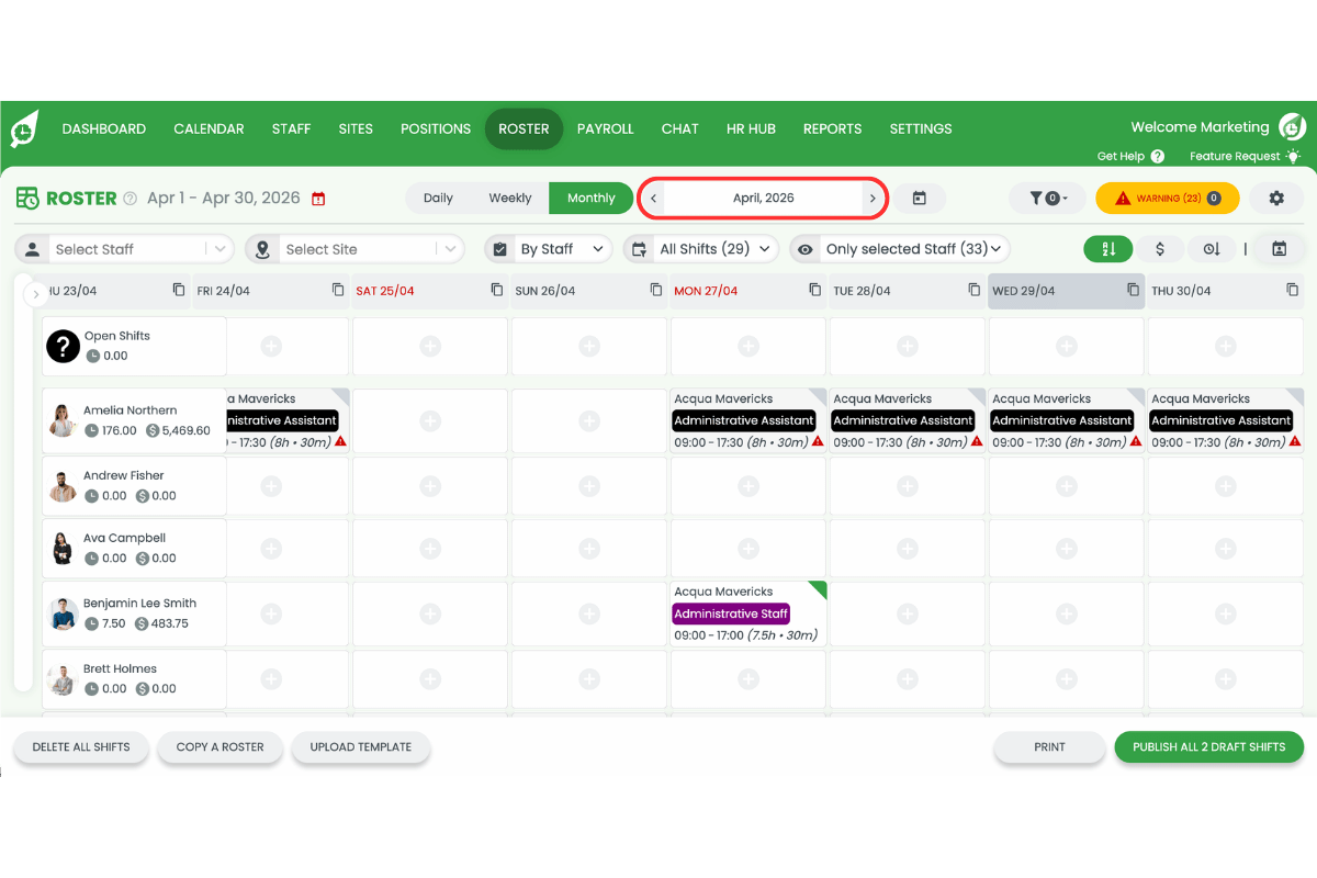 Screenshot of the monthly roster view with the date range selector highlighted