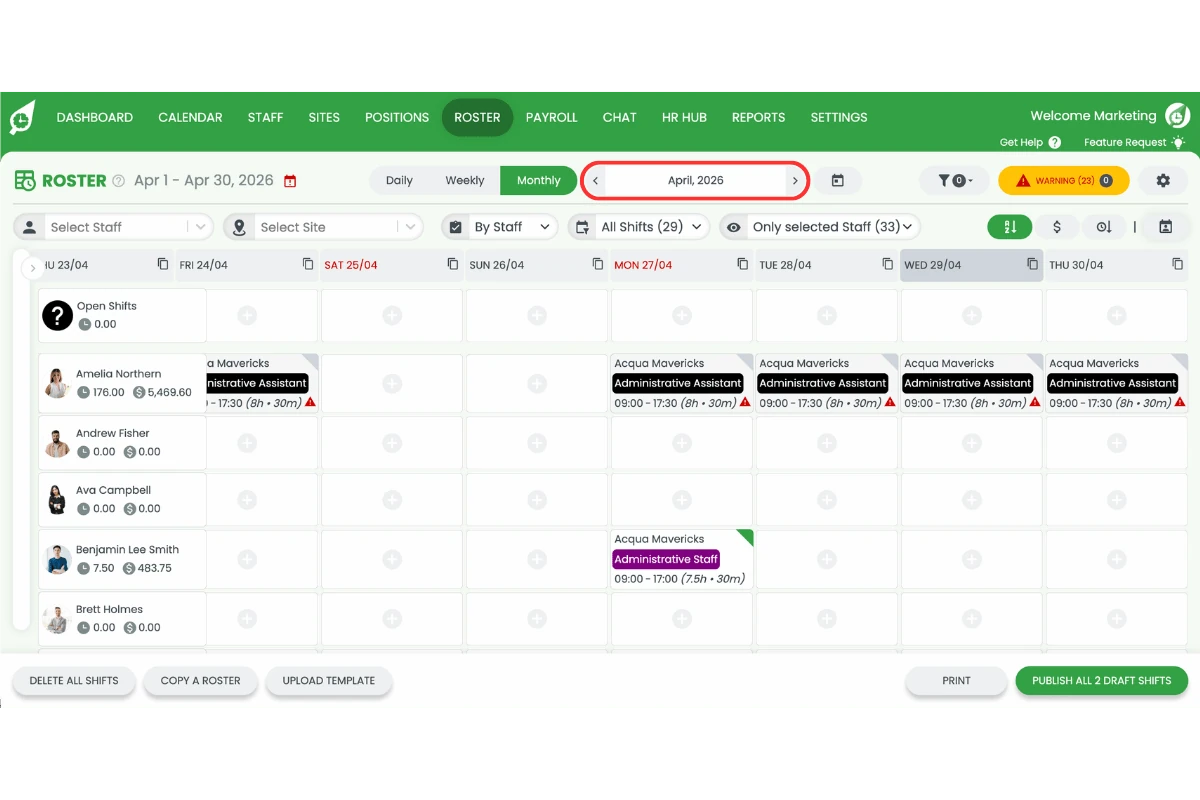 Screenshot of the monthly roster view with the date range selector highlighted