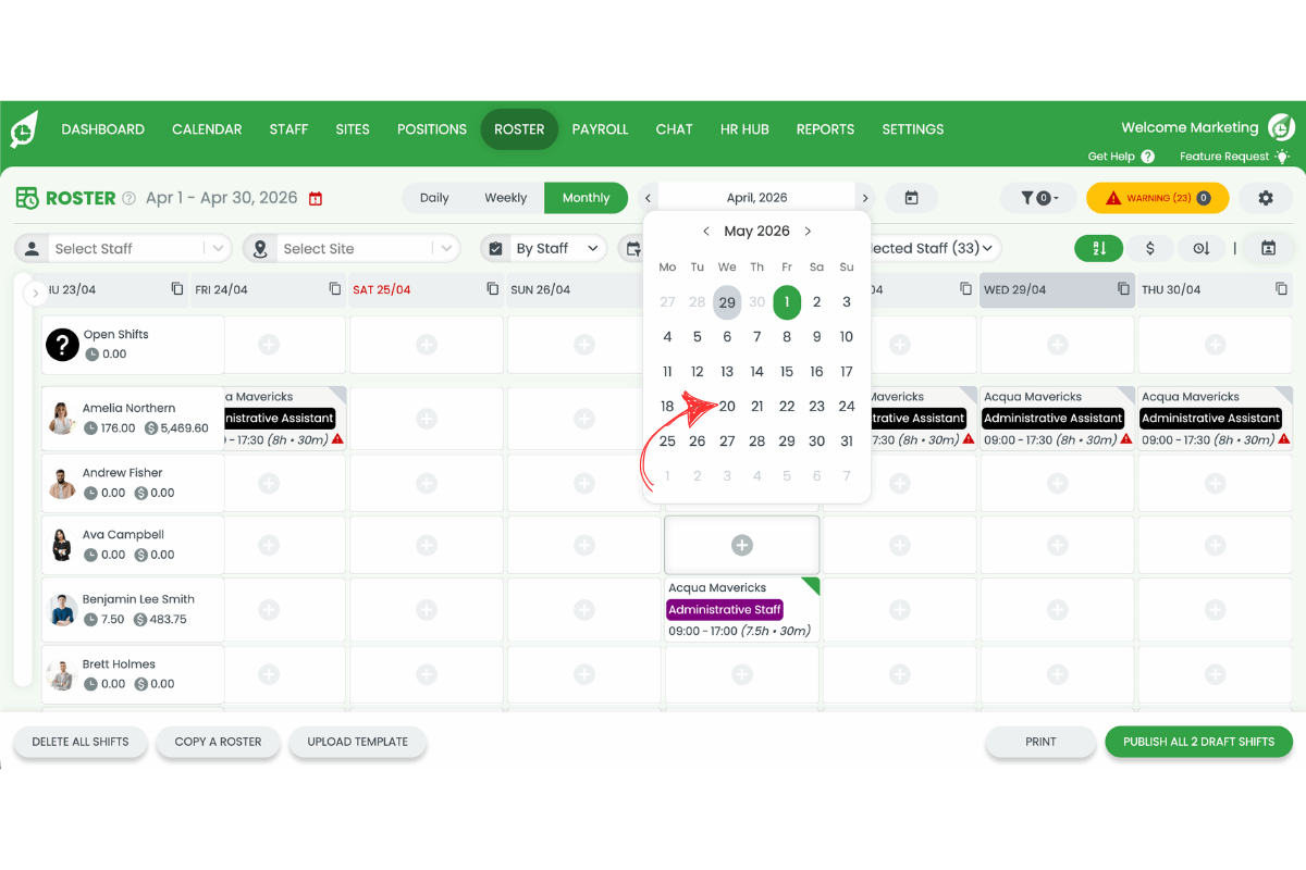 Screenshot of the date picker calendar open on the monthly roster view with a date being selected