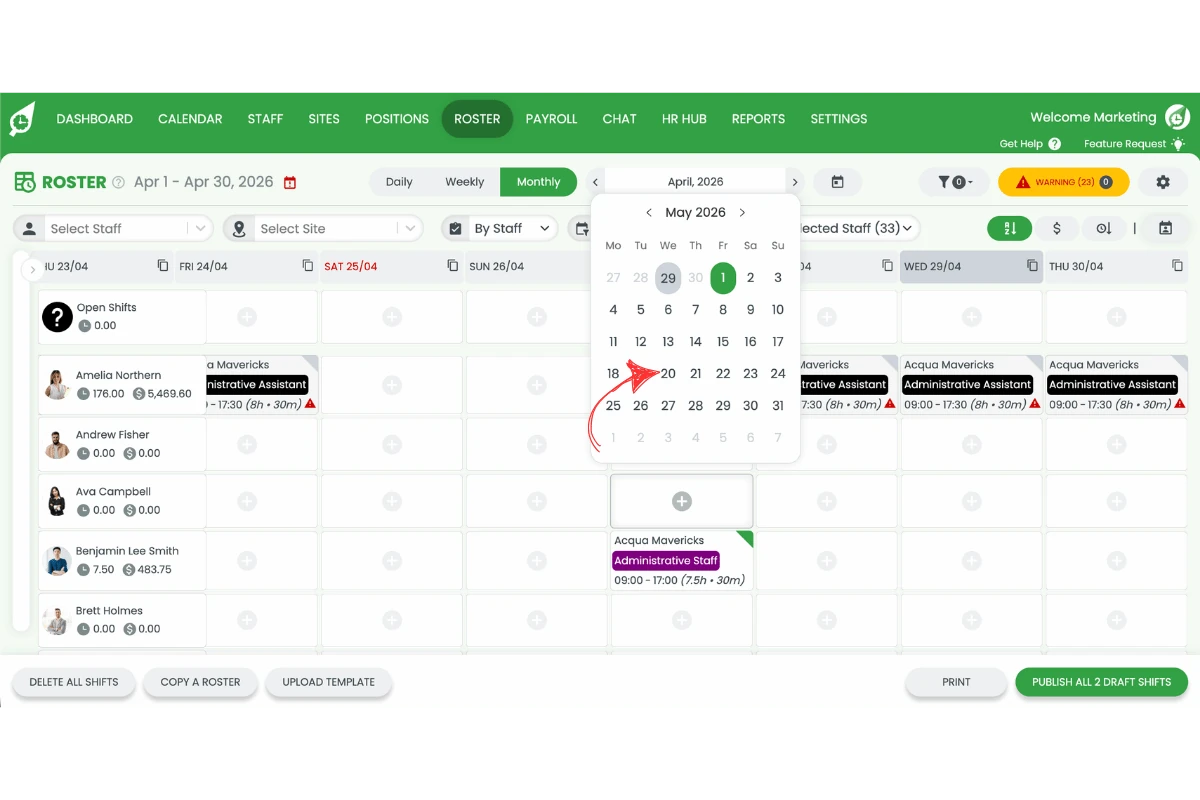 Screenshot of the date picker calendar open on the monthly roster view with a date being selected