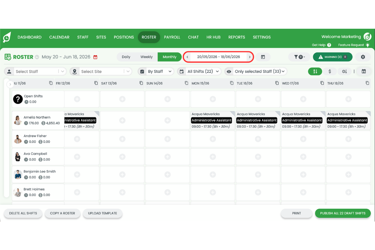 Screenshot of the monthly roster showing the updated period starting from the custom date selected