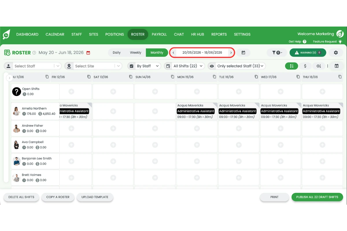 Screenshot of the monthly roster showing the updated period starting from the custom date selected