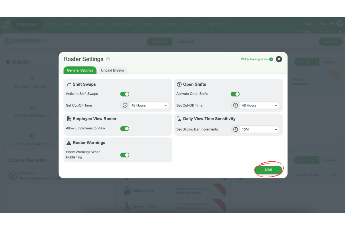 Screenshot showing the Save button in RosterElf for confirming the chosen shift swap cut-off